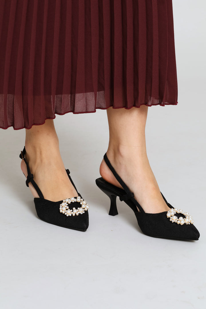 Raffia Slingback Diamante Kitten Heel - Black