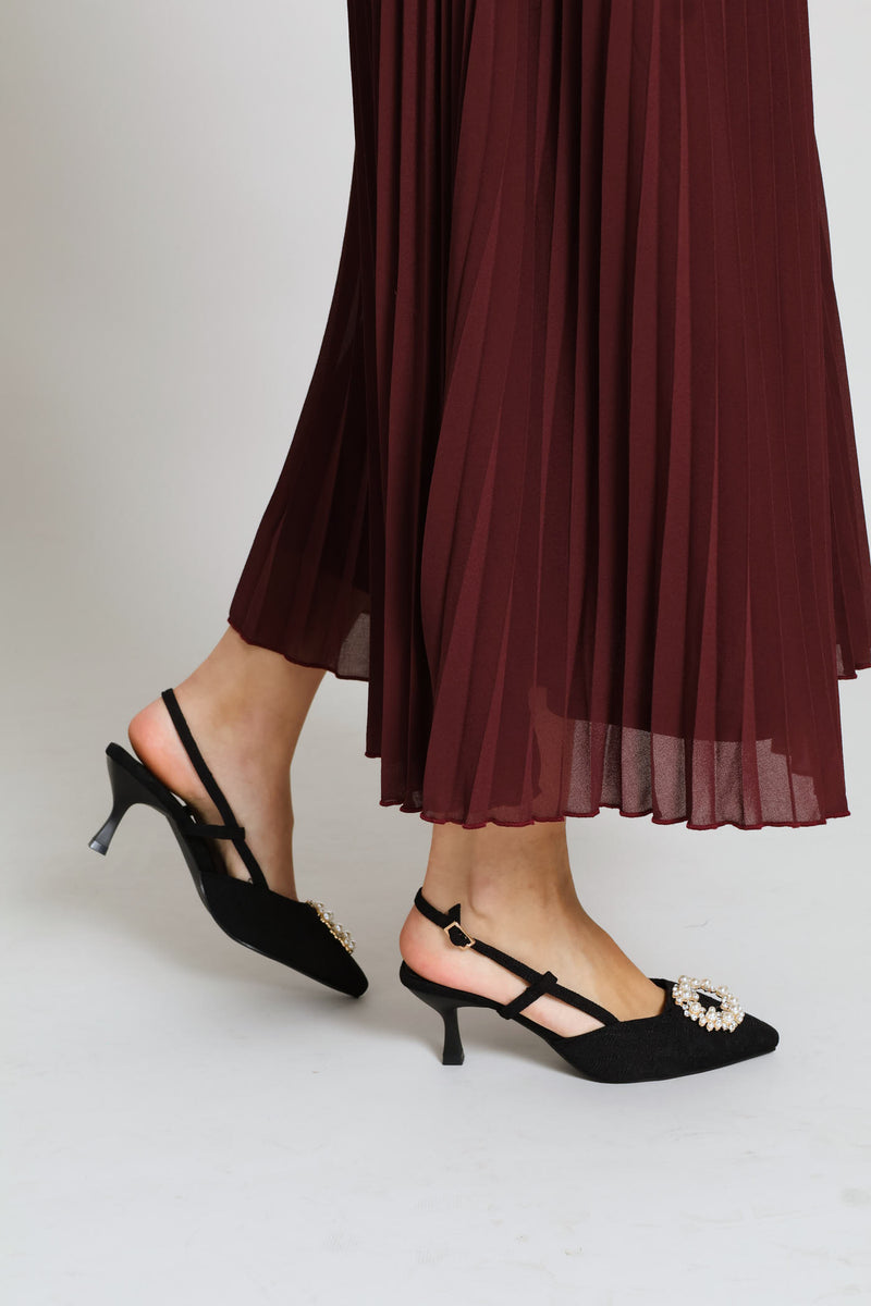 Raffia Slingback Diamante Kitten Heel - Black