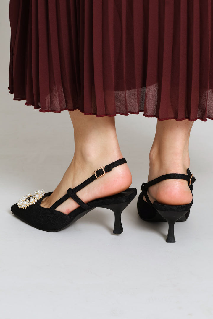 Raffia Slingback Diamante Kitten Heel - Black