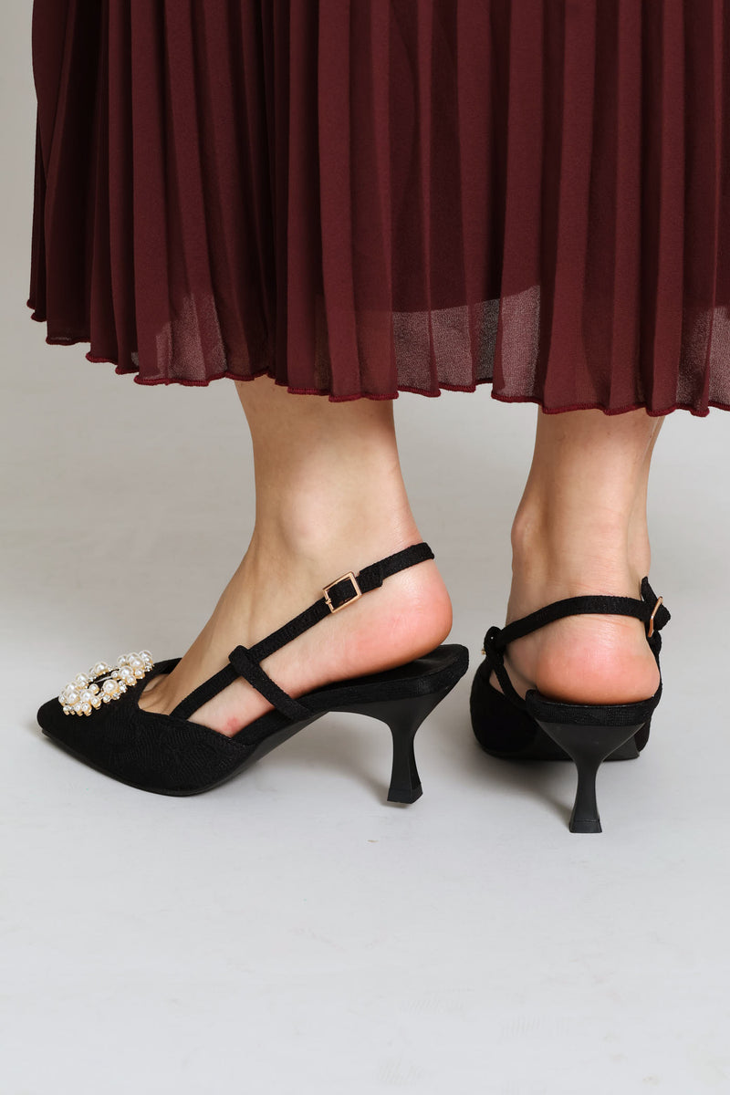 Raffia Slingback Diamante Kitten Heel - Black