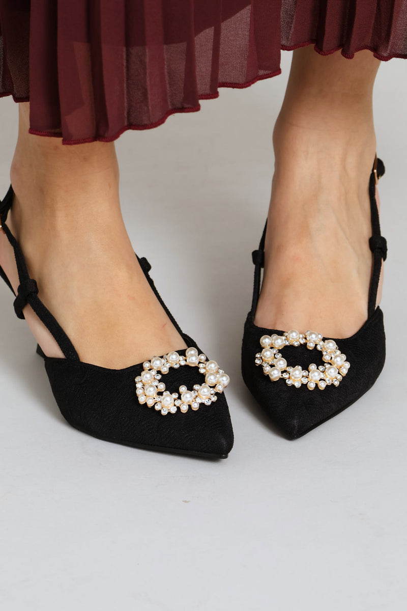 Raffia Slingback Diamante Kitten Heel - Black