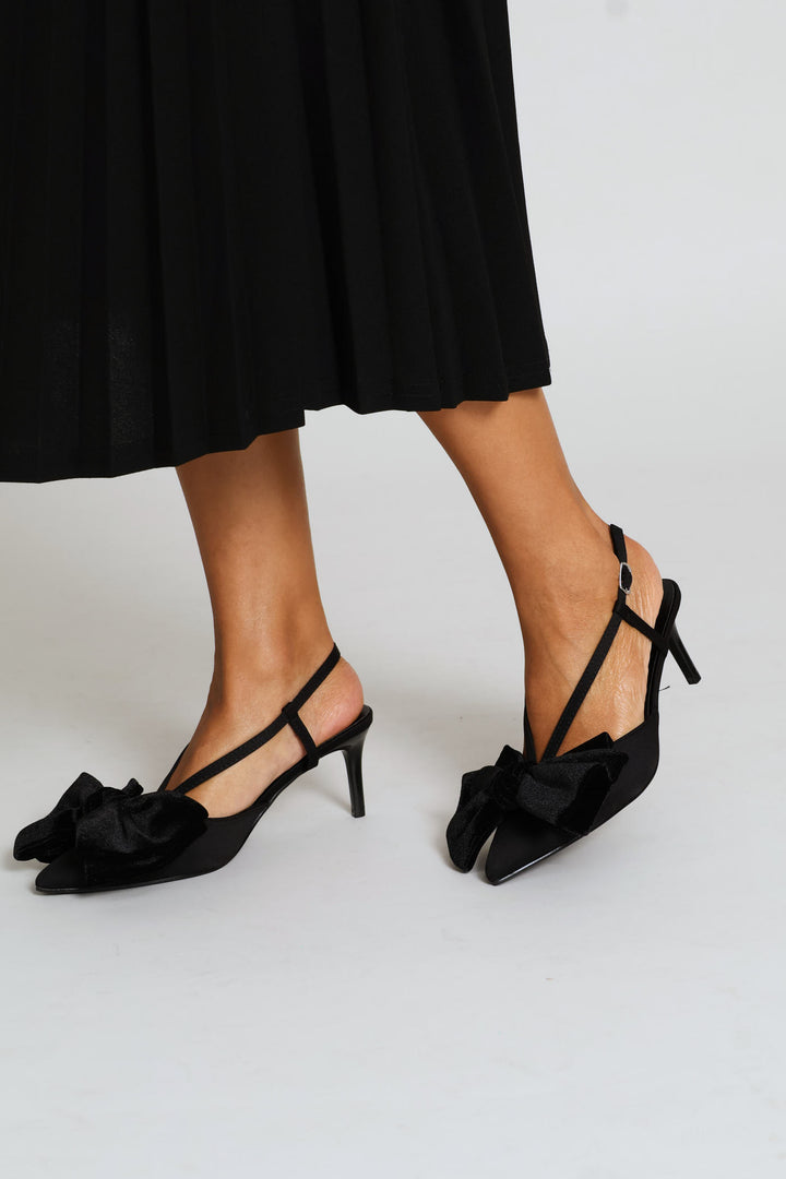 Big Bow Trim Pointy Slingback Heel - Black