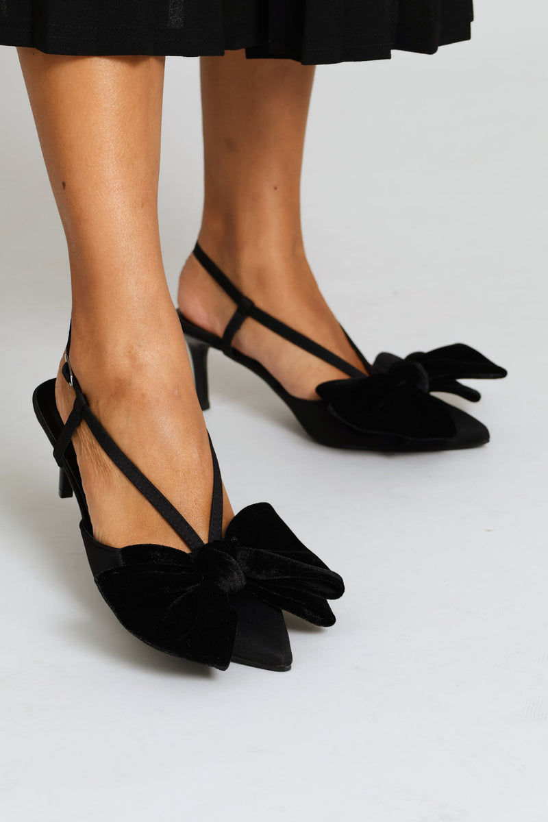 Big Bow Trim Pointy Slingback Heel - Black
