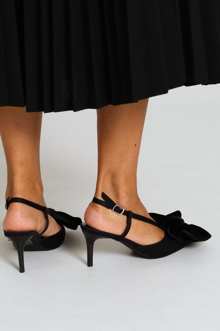 Big Bow Trim Pointy Slingback Heel - Black
