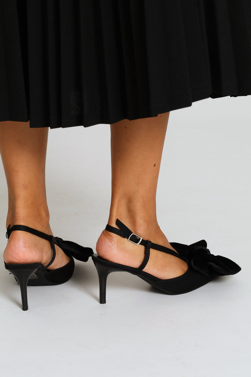 Big Bow Trim Pointy Slingback Heel - Black