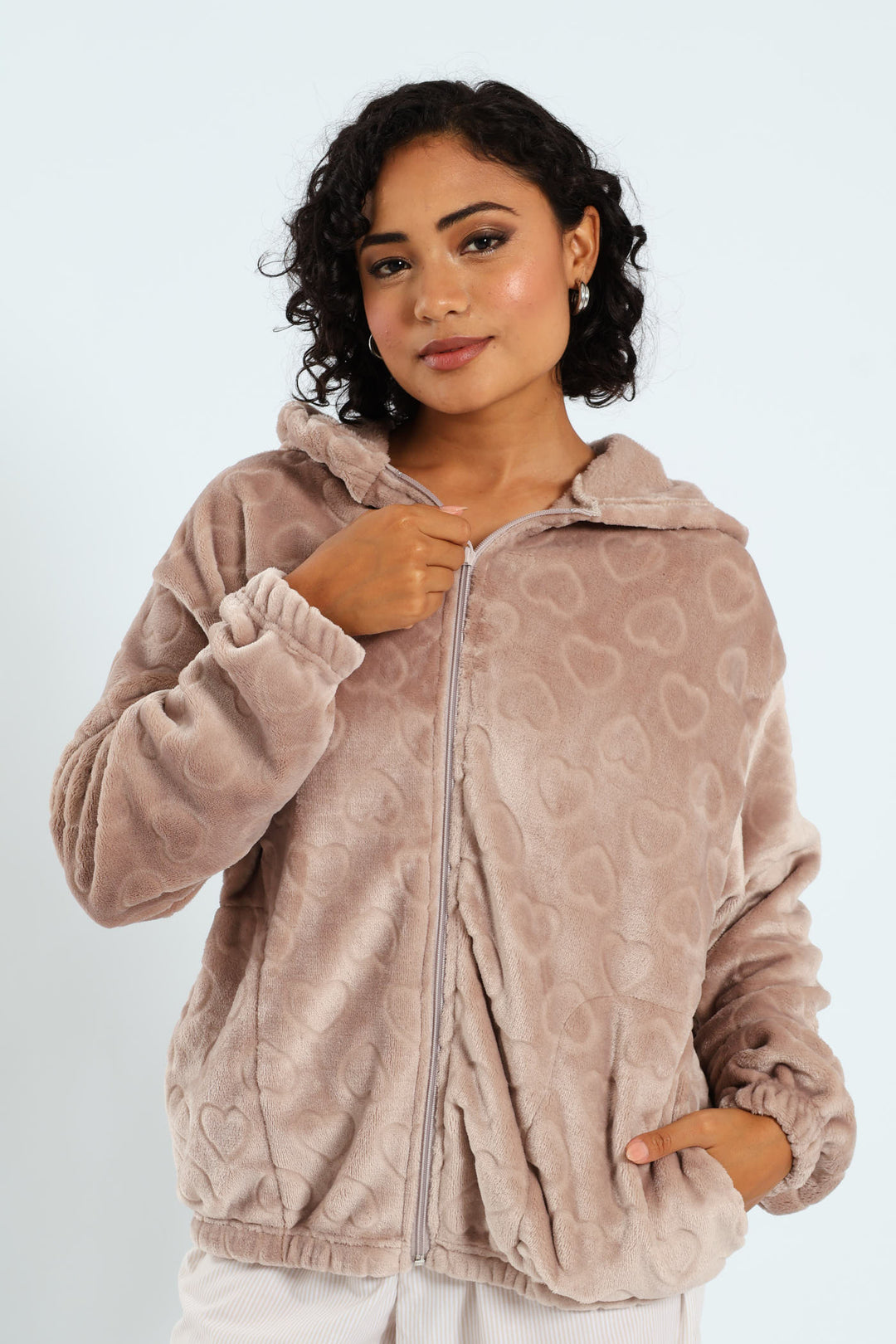 Crop Zip-Through Hearts Snuggie - Light Brown