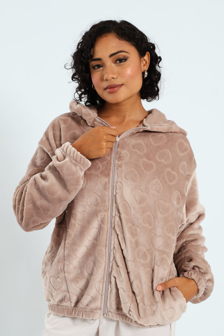 Crop Zip-Through Hearts Snuggie - Light Brown