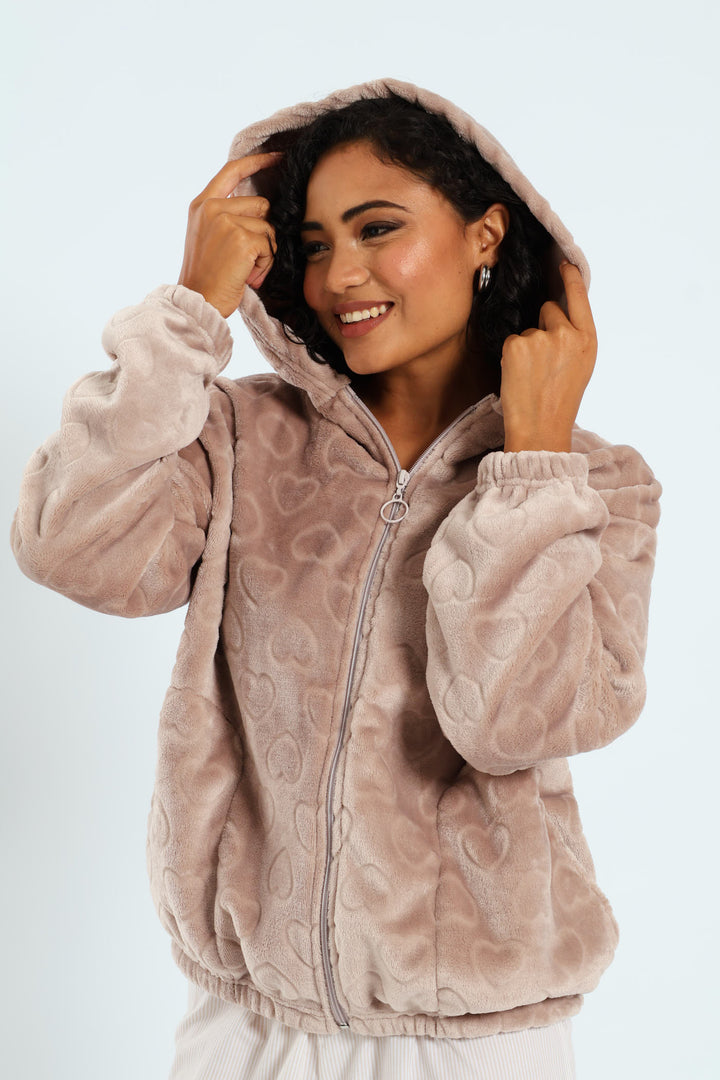 Crop Zip-Through Hearts Snuggie - Light Brown