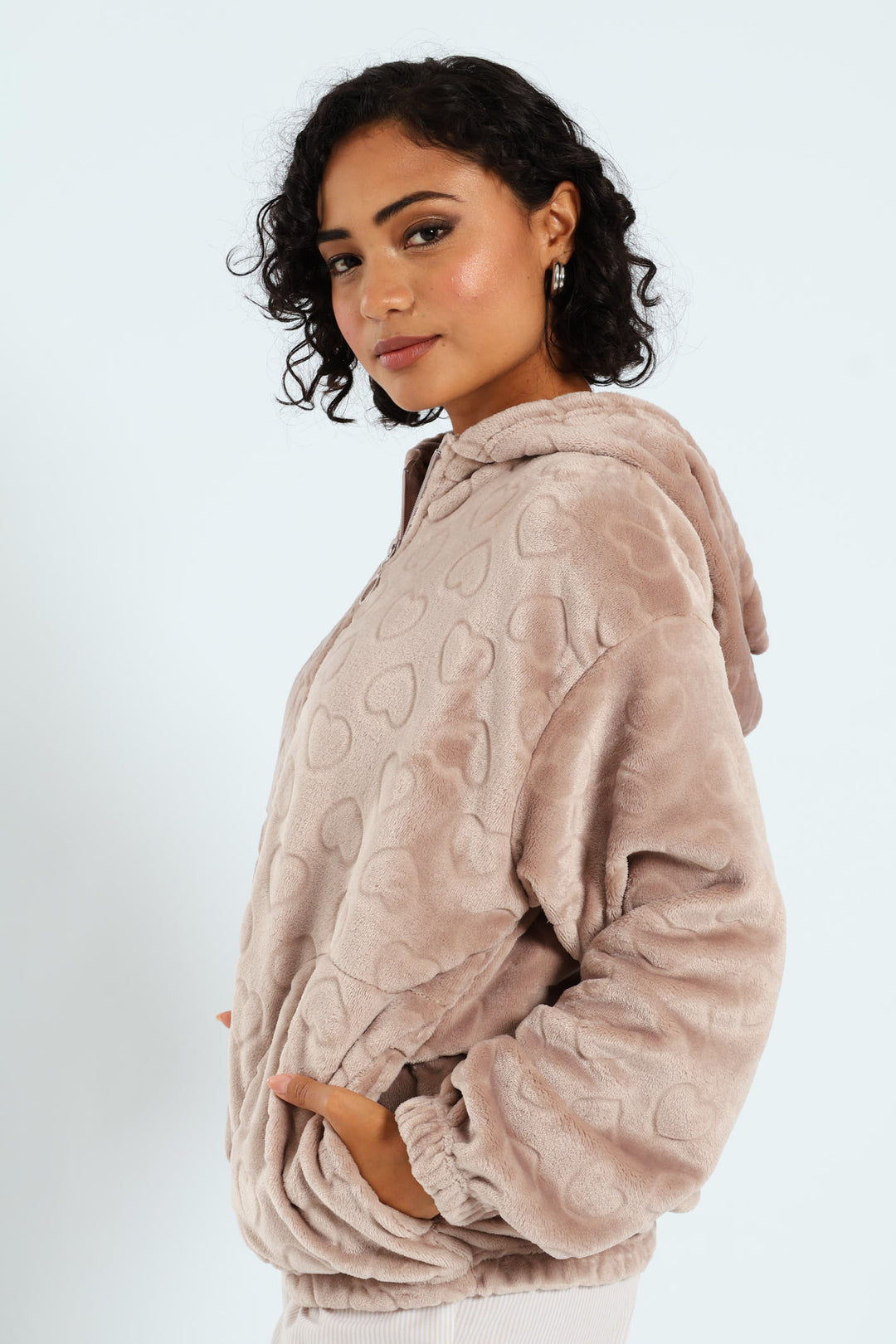 Crop Zip-Through Hearts Snuggie - Light Brown