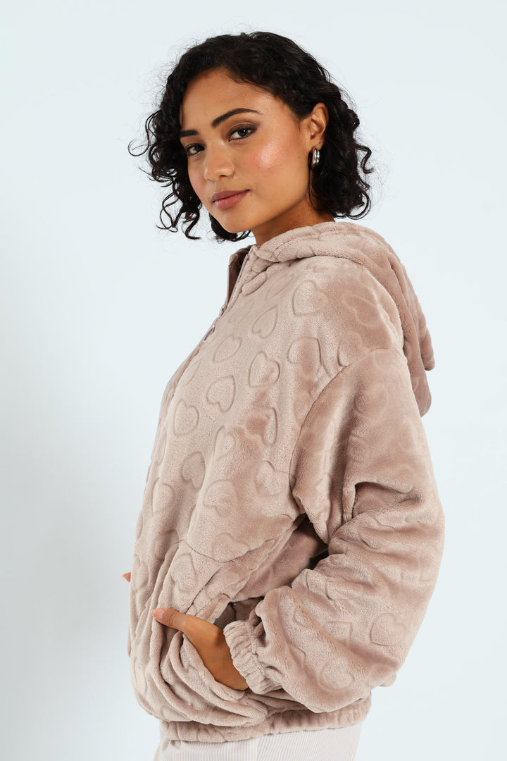Crop Zip-Through Hearts Snuggie - Light Brown