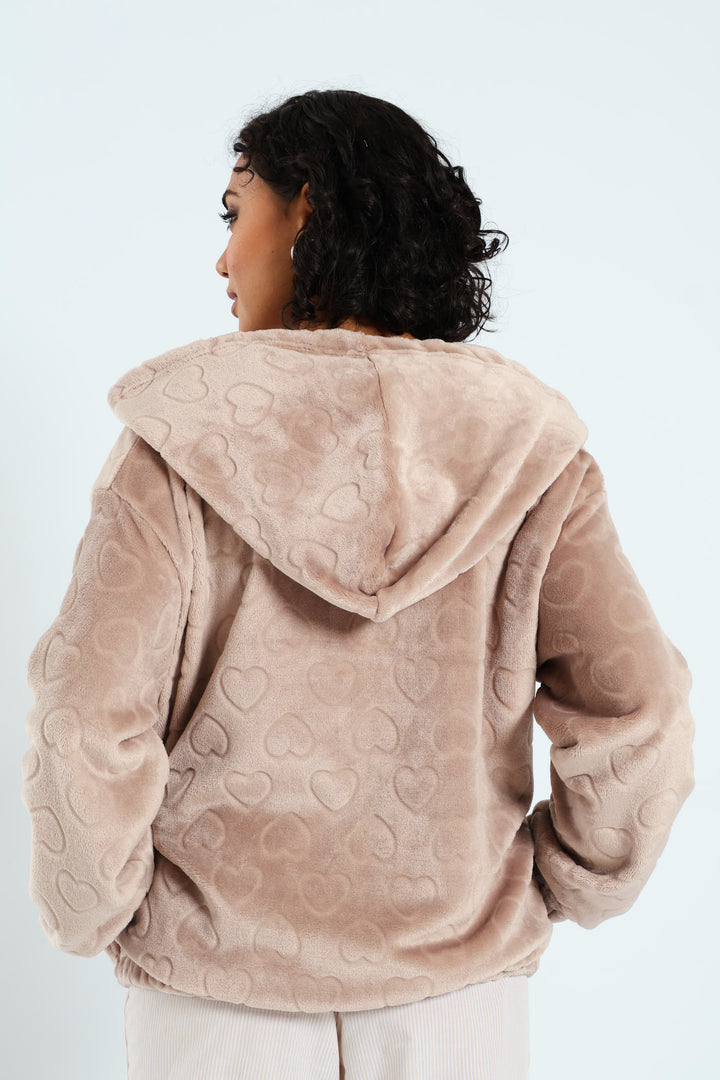 Crop Zip-Through Hearts Snuggie - Light Brown
