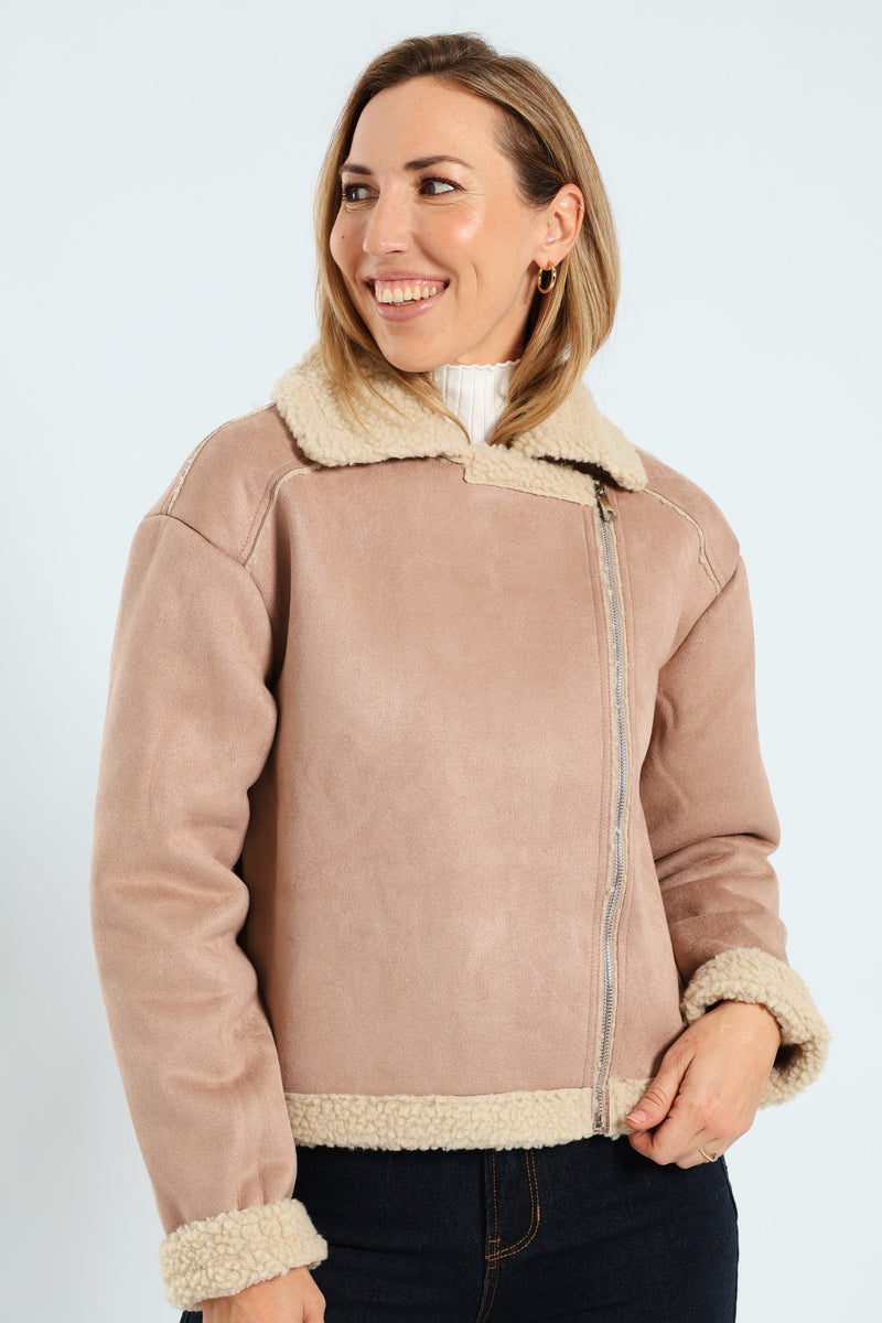 Suede Contrast Sherpa Lined Aviator Jacket - Stone