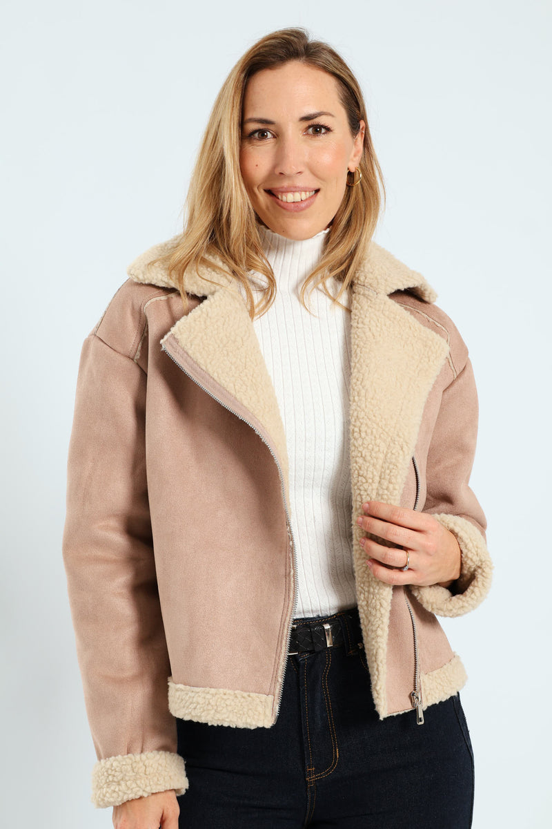 Suede Contrast Sherpa Lined Aviator Jacket - Stone