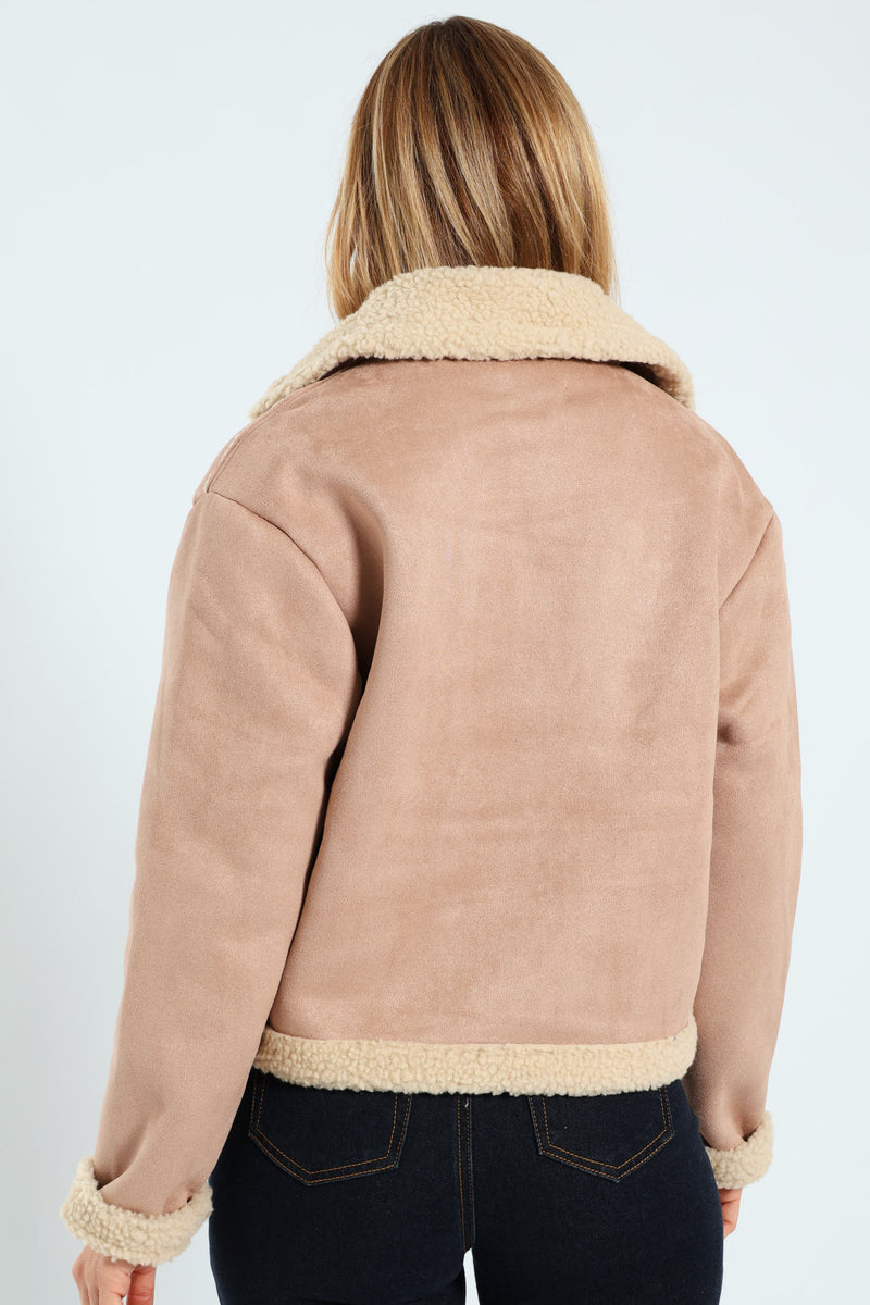Suede Contrast Sherpa Lined Aviator Jacket - Stone