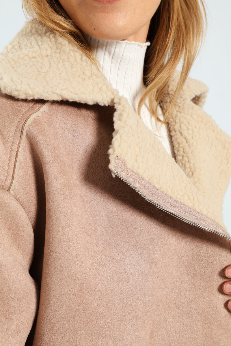 Suede Contrast Sherpa Lined Aviator Jacket - Stone