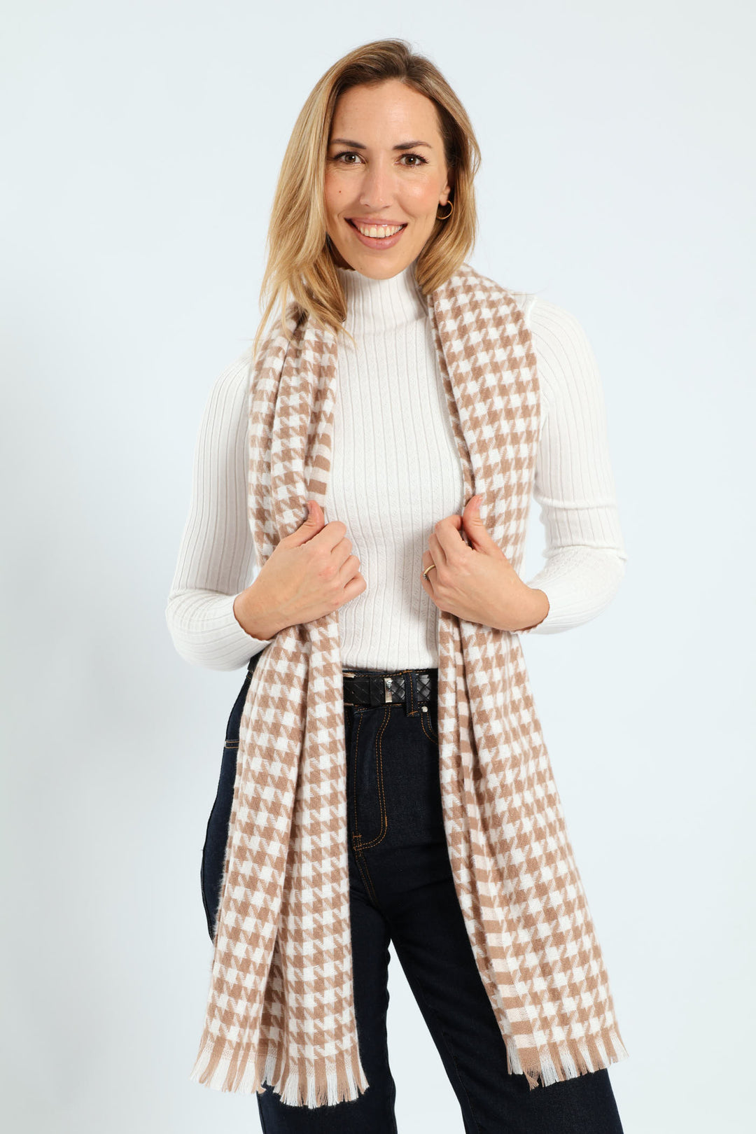Tassel Houndstooth Scarf - Cream