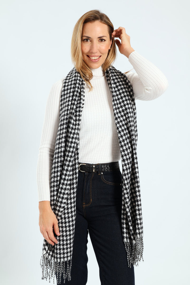 Houndstooth Tassel Scarf - Black/White