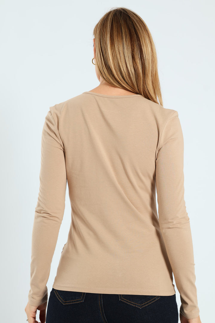 Long Sleeve Henley Top - Dark Beige