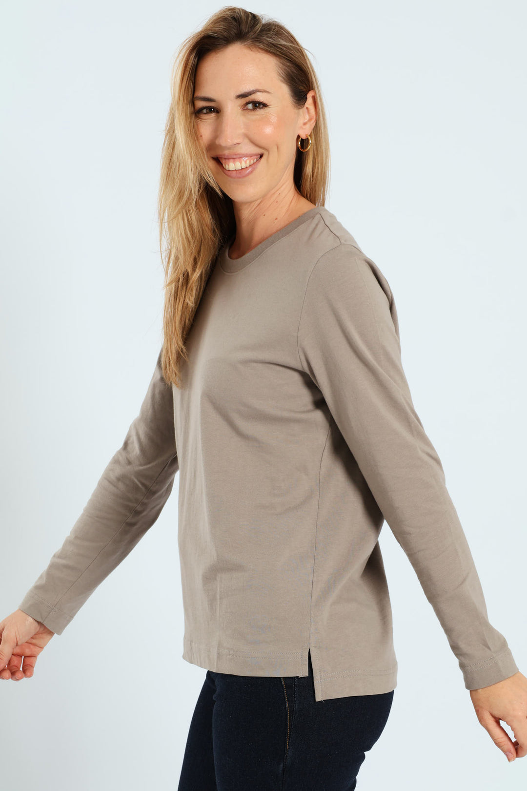 Long Sleeve Boxy Step Hem Crewneck Top - Taupe