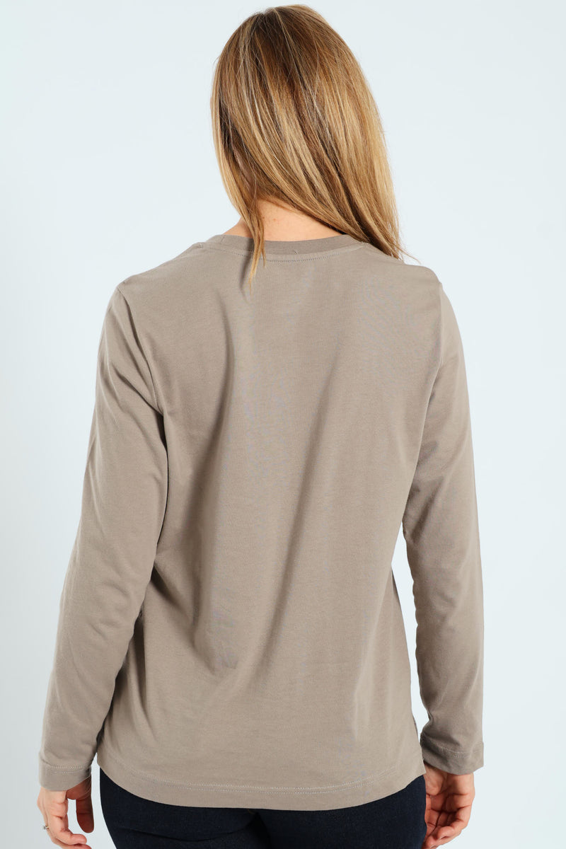Long Sleeve Boxy Step Hem Crewneck Top - Taupe