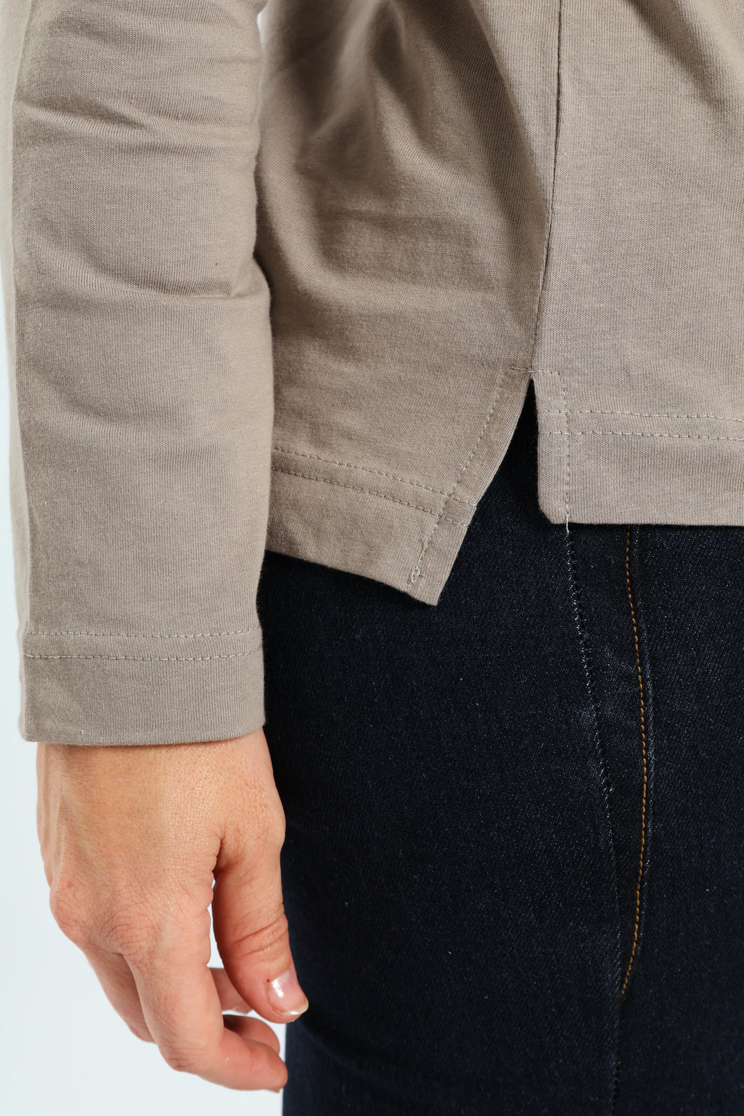 Long Sleeve Boxy Step Hem Crewneck Top - Taupe