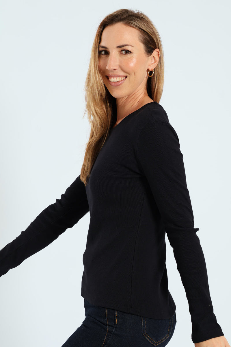Long Sleeve Rib Crew Top - Black