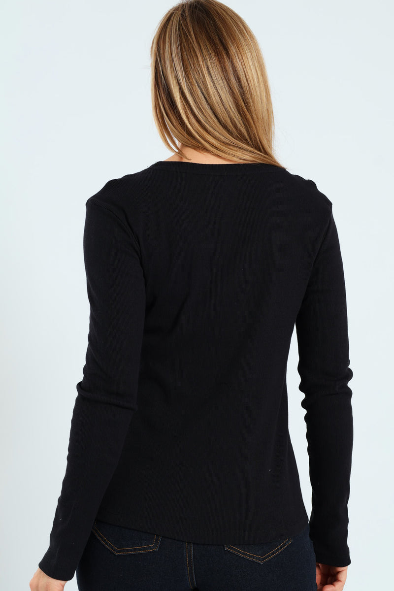Long Sleeve Rib Crew Top - Black