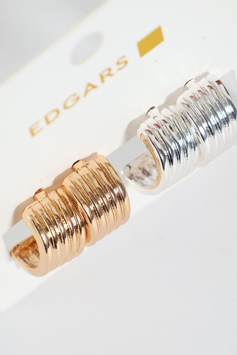 2 Pack Silver & Gold Fluted Hoop Earrings