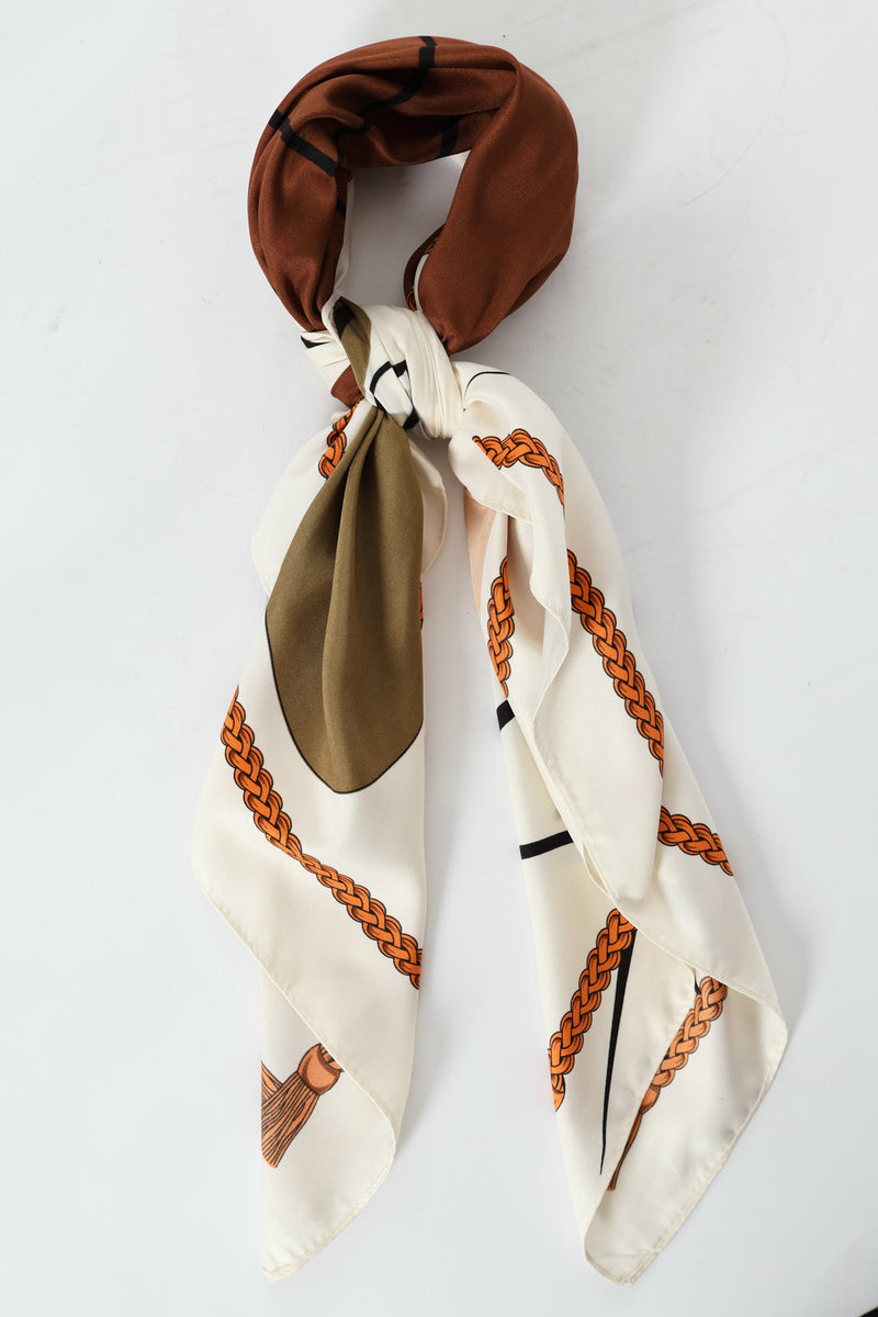 Earth Tone Rope Boarder Satin Feel Scarf - Cream