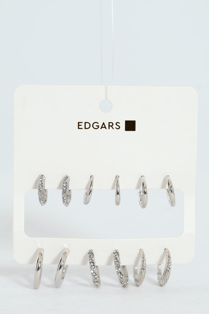 6 Pack Diamante Hoop Earrings - Silver