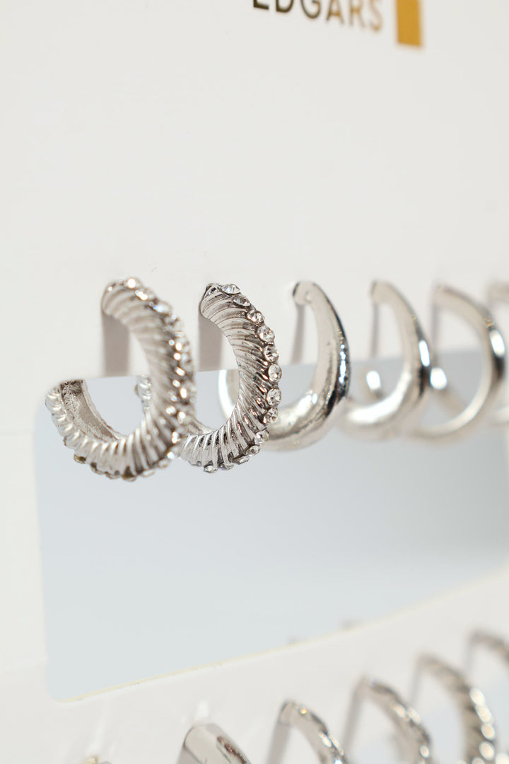 6 Pack Diamante Hoop Earrings - Silver