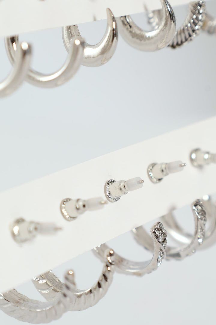 6 Pack Diamante Hoop Earrings - Silver