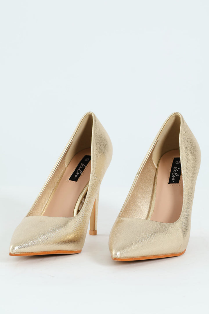Crushed Metallic Pointy Fashion Court Heel - Gold