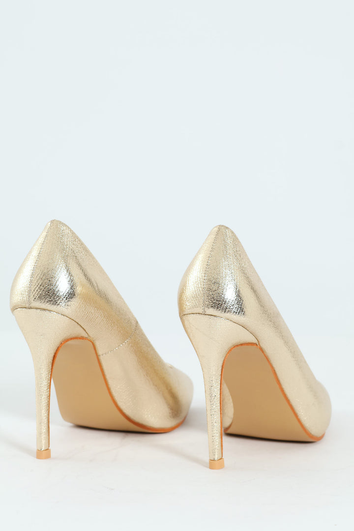 Crushed Metallic Pointy Fashion Court Heel - Gold