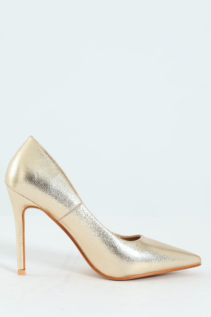 Crushed Metallic Pointy Fashion Court Heel - Gold