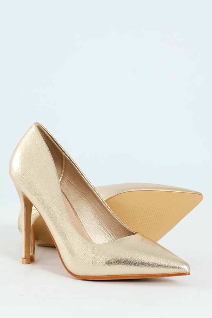 Crushed Metallic Pointy Fashion Court Heel - Gold