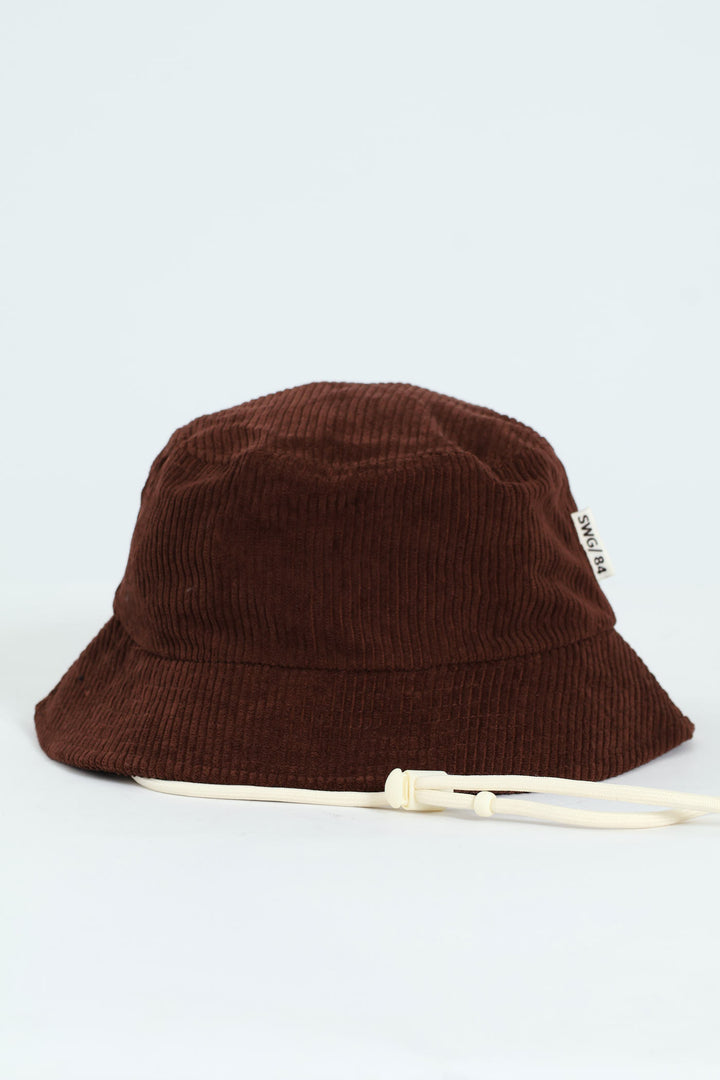 Corduroy Bucket Hat With Drawcord - Brown