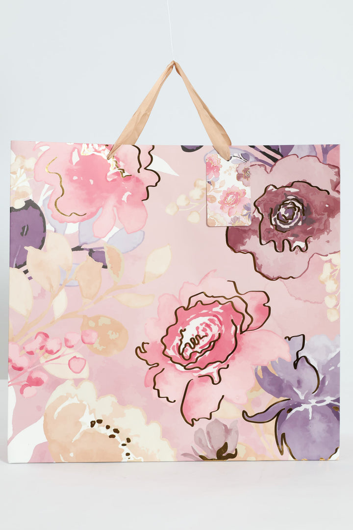 Gold Foil Floral Print Gift Bag - Light Pink