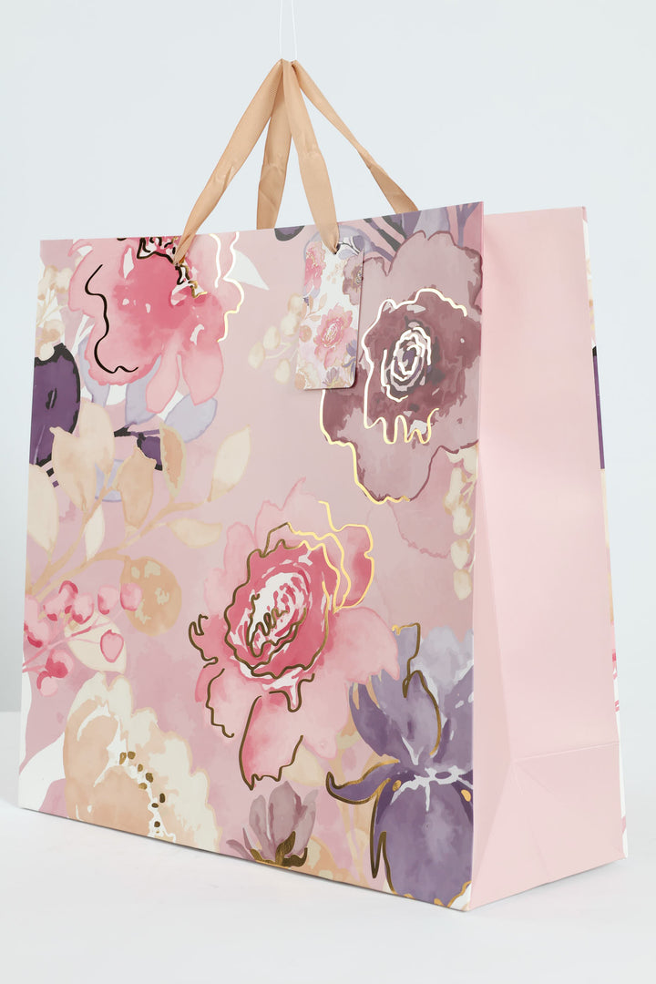 Gold Foil Floral Print Gift Bag - Light Pink