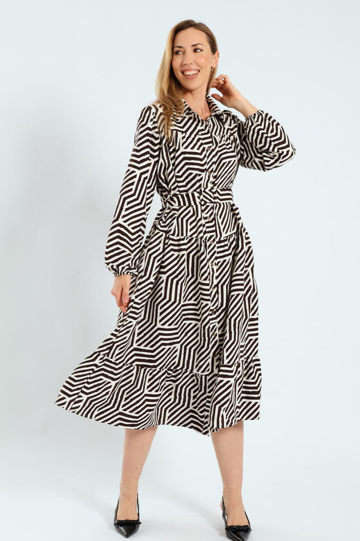 Long Sleeve Belted Tiered Collared Shirt Midi Dress - Brown/White