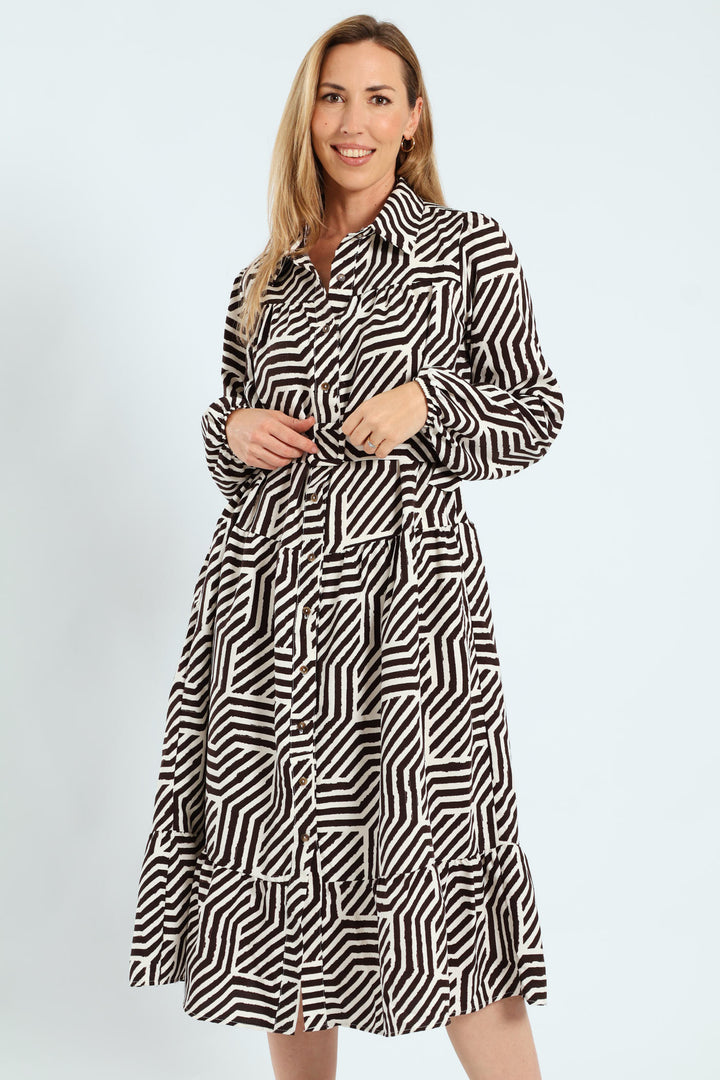 Long Sleeve Belted Tiered Collared Shirt Midi Dress - Brown/White