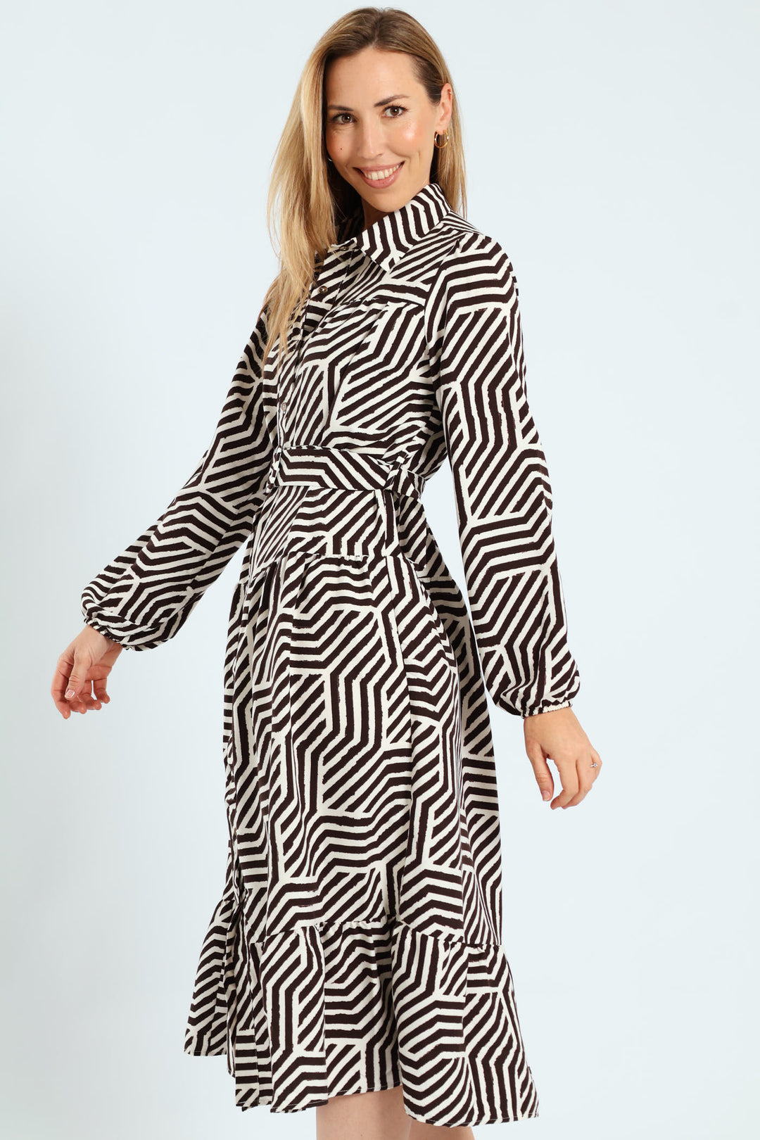 Long Sleeve Belted Tiered Collared Shirt Midi Dress - Brown/White