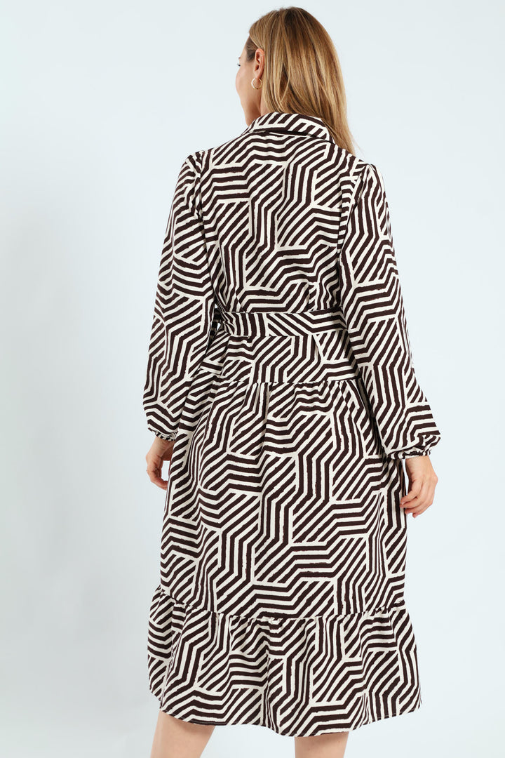 Long Sleeve Belted Tiered Collared Shirt Midi Dress - Brown/White