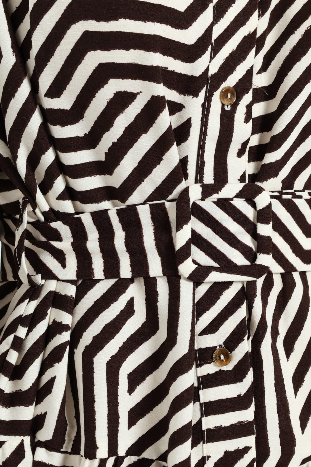 Long Sleeve Belted Tiered Collared Shirt Midi Dress - Brown/White