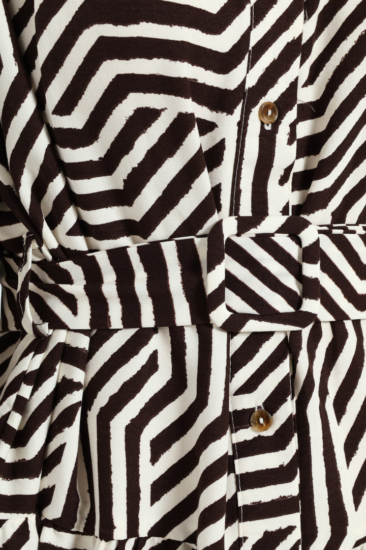 Long Sleeve Belted Tiered Collared Shirt Midi Dress - Brown/White