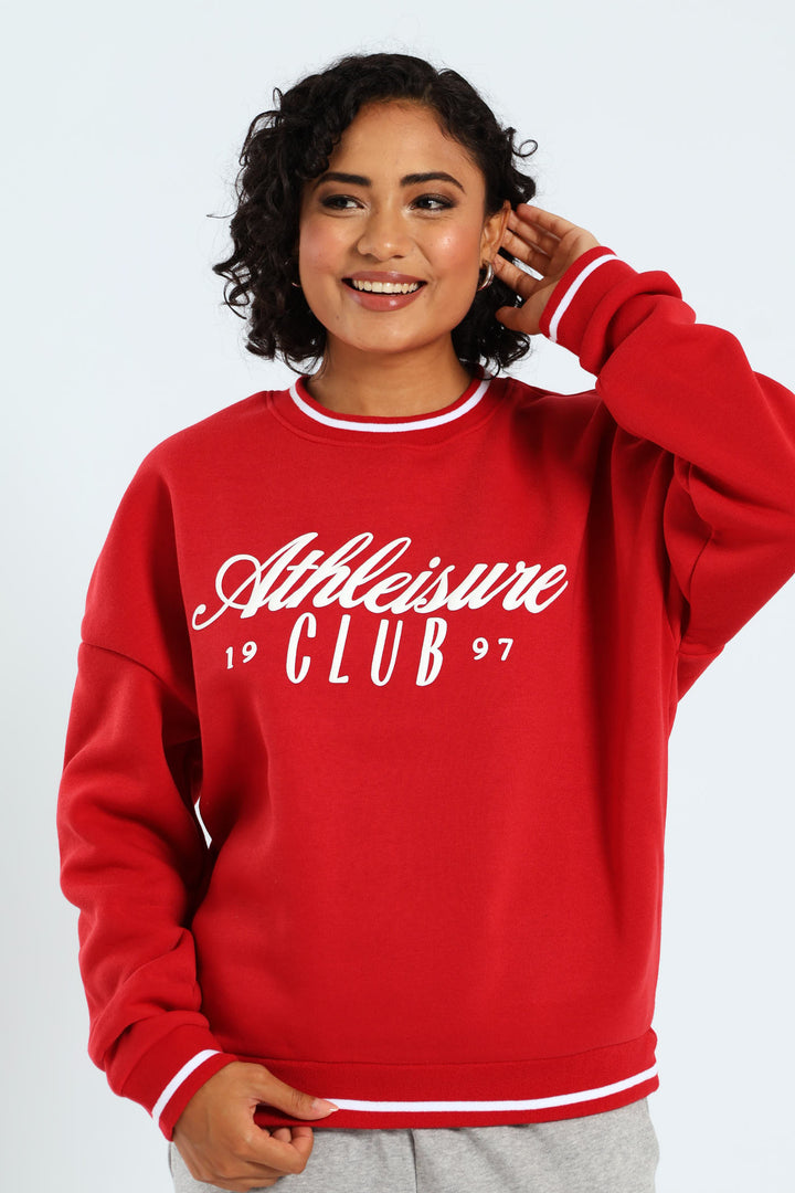 Tipped Crew Fleece Top - Red