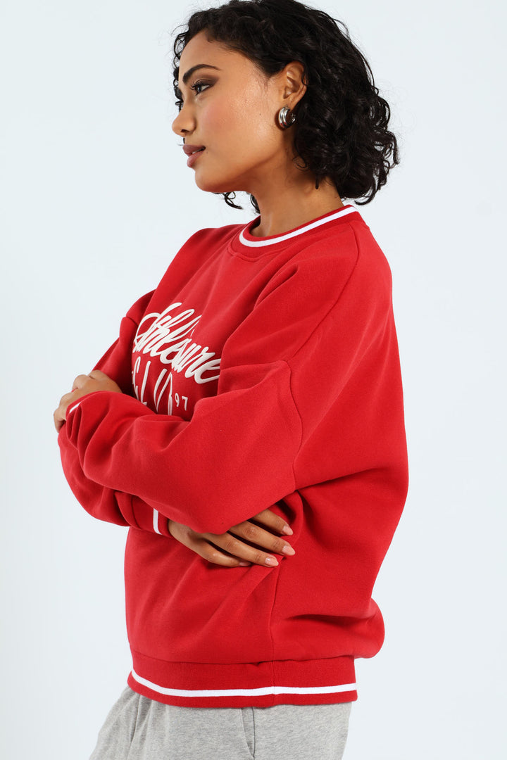 Tipped Crew Fleece Top - Red