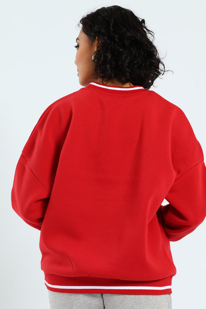 Tipped Crew Fleece Top - Red