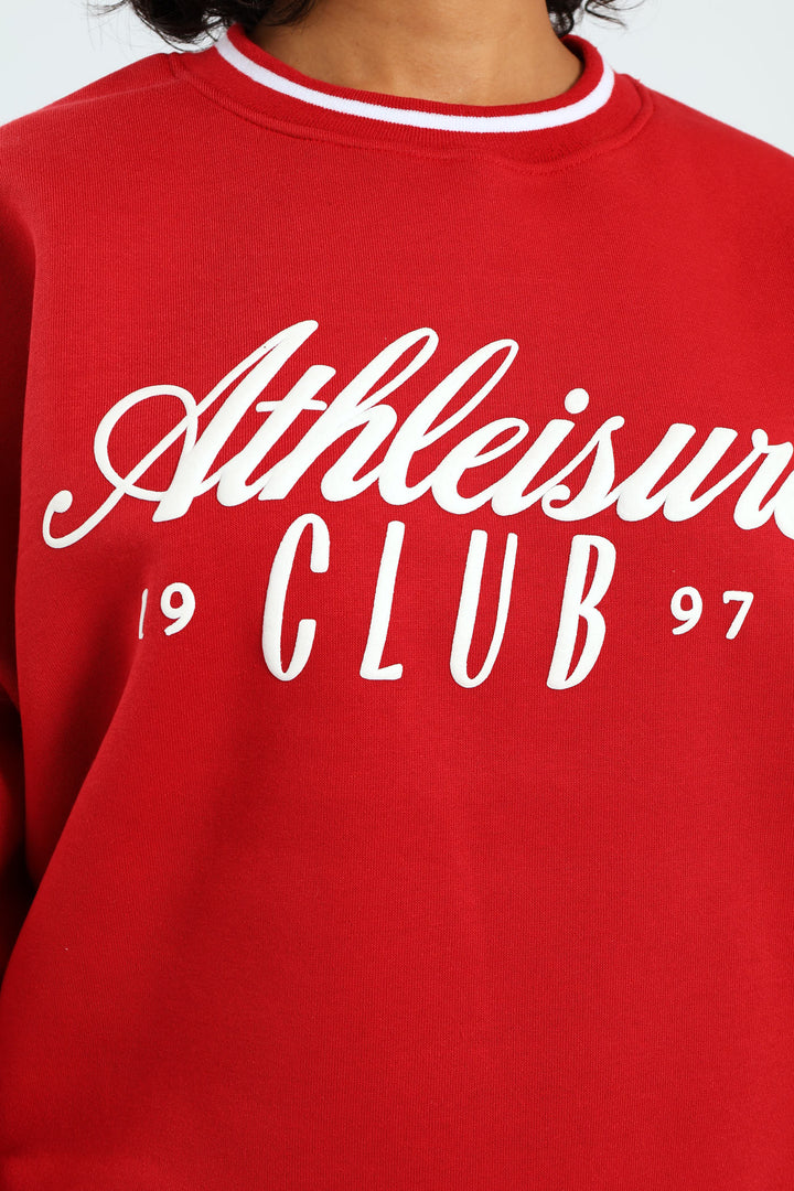 Tipped Crew Fleece Top - Red