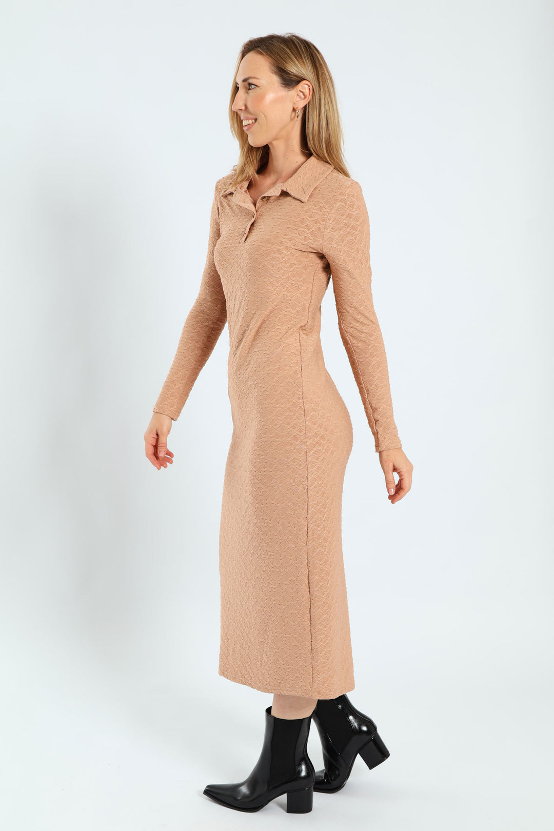 Johnny Collar Pebble Knit Column Midaxi Dress - Brown